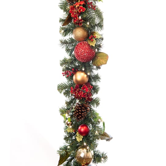 Village Lighting 9ft. Pre-Lit LED Scarlet Hydrangea Christmas Garland